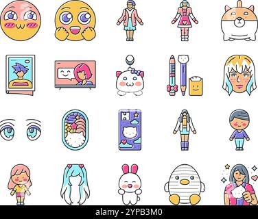 le icone emoticon carine anime di kawaii impostano il vettore Illustrazione Vettoriale