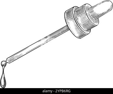 Immagine della linea di un contagocce che rilascia una goccia di liquido. Illustrazione vettoriale della pipetta per la progettazione di medicinali o per la cura della pelle. Disegno di contorno di contagocce con goccia per erboristeria e aromaterapia. Illustrazione Vettoriale