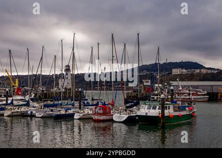 Moody vola sopra le barche ormeggiate nel porto di Scarborough, in Inghilterra. Foto Stock