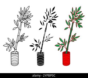 Icona Bamboo Lucky Plant sprouts. Vivace illustrazione piatta di un albero di bambù in una pentola, foglie verdi. Illustrazione Vettoriale