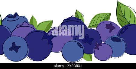 Delinea un bordo grafico naturale senza cuciture con mirtilli e foglie. Modello orizzontale vettoriale Illustrazione Vettoriale
