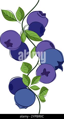 Mirtillo bordo verticale senza cuciture con foglie verdi e frutti di bosco isolati su sfondo bianco trasparente. Vettoriale fresco sano piante organiche Illustrazione Vettoriale