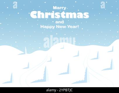 buon natale e felice biglietto di auguri per l'anno nuovo. Inverno Natale paesaggio neve caduta. Paesaggio invernale con vista su pini innevati. Vector Happy New Ye Illustrazione Vettoriale
