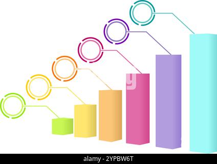 grafico a barre di crescita 3d, infografica aziendale a 6 barre con didascalie titolo. illustrazione vettoriale isolata su sfondo bianco. Illustrazione Vettoriale