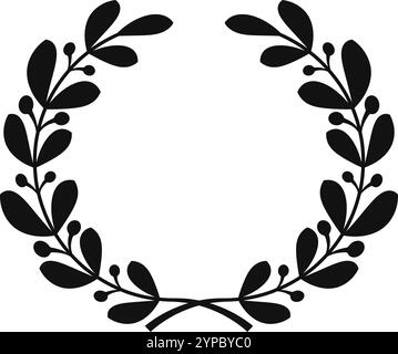 Silhouette nera di una corona d'alloro stilizzata con foglie e bacche a formare un anello continuo, adatta per premi, decorazioni e rappresentazioni simboliche Illustrazione Vettoriale
