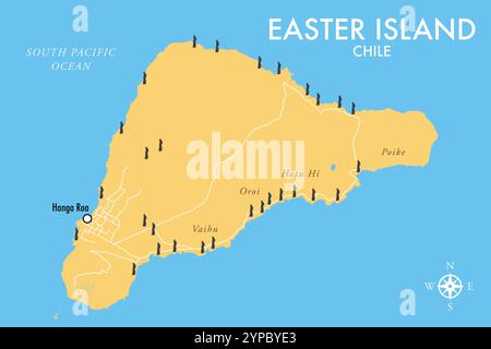 La mappa dell'Isola di Pasqua mostra i luoghi principali delle statue Moai Foto Stock