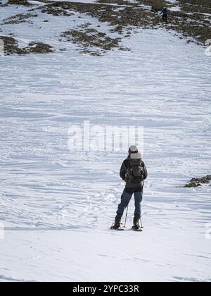 Un escursionista con le racchette da neve naviga su una pista innevata nelle Alpi, portando con sé pali da trekking e uno zaino. Il terreno accidentato e la neve incontaminata mettono in risalto il Foto Stock