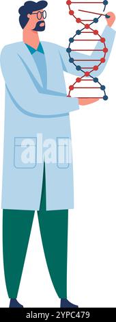 Lo scienziato in un camice da laboratorio sta esaminando attentamente un modello a doppia elica di dna di grandi dimensioni, conducendo ricerche genetiche ed esplorando le frontiere della biotecnologia Illustrazione Vettoriale