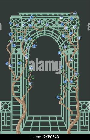 Alcova e alberi con fiori in stile chinoiserie. Vettore. Illustrazione Vettoriale