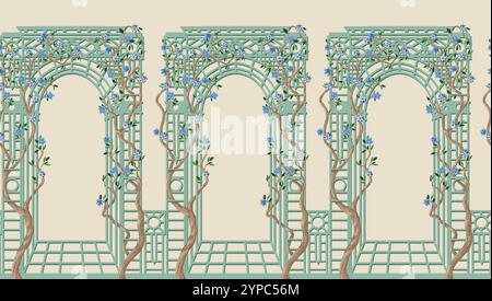 Alcova e alberi con fiori in stile chinoiserie. Vettore. Illustrazione Vettoriale