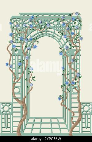 Alcova e alberi con fiori in stile chinoiserie. Vettore. Illustrazione Vettoriale