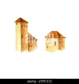 Set di acquerelli di diverse case coloniche mediterranee con tetto e torre in tegole rosse, illustrazione disegnata a mano di cottage rustici europei con Foto Stock