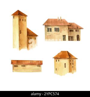 Set di acquerelli di diverse vecchie e accoglienti case coloniche mediterranee con tetto in piastrelle rosse, illustrazione disegnata a mano di cottage rustici europei con terracott Foto Stock