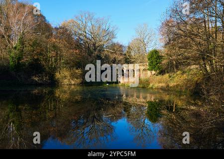 Hampstead Heath Viaduct Bridge and Pond nel tardo autunno, Londra Regno Unito Foto Stock