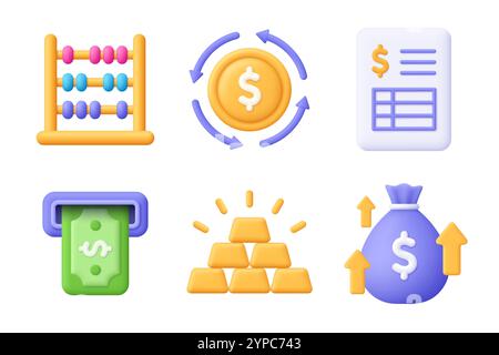 Abacus, moneta, file, banconota, lingotto d'oro, borsa dei soldi. Set di icone vettoriali Finance 3D. Stile minimalista cartoni animati. Illustrazione Vettoriale