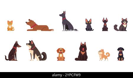 Impostare l'illustrazione vettoriale per cani e gatti in posizioni diverse. Icone isolate personaggi dei cartoni animati di diverse età. Illustrazione Vettoriale