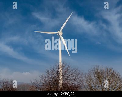 Una turbina eolica solitaria si erge in alto contro il cielo nuvoloso di Blacktoft Sands, circondata da alberi e linee elettriche. Foto Stock