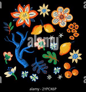 Fiori vivaci e semplici e limoni isolati. Vettore. Illustrazione Vettoriale