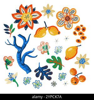 Fiori vivaci e semplici e limoni isolati. Vettore. Illustrazione Vettoriale