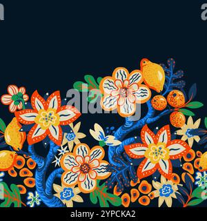 Bordo con fiori e limoni vivaci e semplici. Vettore. Illustrazione Vettoriale