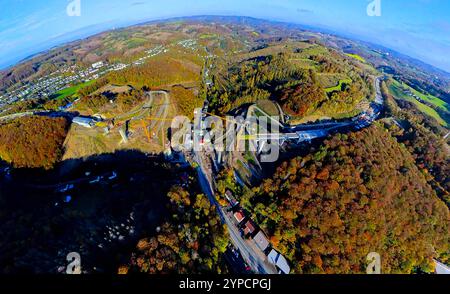 Luftbild, Großbaustelle und Neubau der Rahmedetalbrücke der Autobahn A45, Waldgebiet Sauerland, Erdkugel, Fisheye Aufnahme, Fischaugen Aufnahme, 360 Grad Aufnahme, piccolo mondo, piccolo pianeta, fisheye Bild, Gevelndorf, Lüdenscheid, Ruhrgebiet, Nordrhein-Westfalen, Deutschland ACHTUNGxMINDESTHONORARx60xEURO *** foto aerea, grande cantiere e nuova costruzione del ponte Rahmedetal sull'autostrada A45, area forestale Sauerland, globo terrestre, immagine fisheye, immagine a 360 gradi, Tiny World, Little Planet, fisheye image, Gevelndorf, Lüdenscheid, zona della Ruhr, Renania settentrionale-Vestfalia, Germania ATTENTI Foto Stock