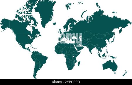 Mappa del mondo con Country Green, World Map, Geographic Map, Country Map, Country border line, Asia, Africa, Europa, Nord America, Sud America, Australia Illustrazione Vettoriale