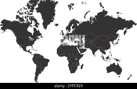Mappa del mondo con Country Black, World Map, Geographic Map, Country Map, Country border line, Asia, Africa, Europa, Nord America, Sud America, Australia Illustrazione Vettoriale