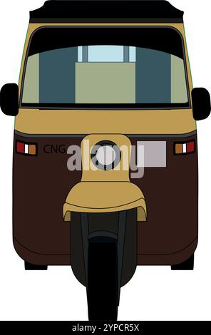 Giallo auto risciò indiano e pakistano. Illustrazione vettoriale del risciò automatico, rikshaw automatico CNG, taxi indiano a tre ruote, vista frontale del risciò automatico. Illustrazione Vettoriale