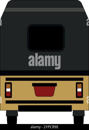 Giallo auto risciò indiano e pakistano. Illustrazione vettoriale automatica Rikshaw, rikshaw automatico CNG, taxi indiano a tre ruote, vista posteriore in risciò automatico. Illustrazione Vettoriale