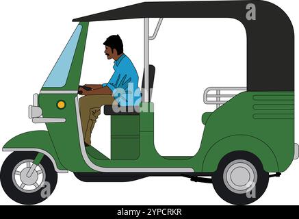 Green auto rickshaw indiano e pakistano. Illustrazione vettoriale del risciò automatico, rikshaw automatico CNG, taxi indiano a tre ruote, vista laterale del risciò automatico. Illustrazione Vettoriale
