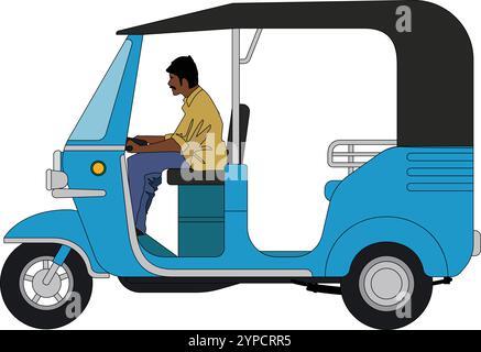 Blue auto risciò indiano e pakshaw. Illustrazione vettoriale del risciò automatico, rikshaw automatico CNG, taxi indiano a tre ruote, vista laterale del risciò automatico. Illustrazione Vettoriale