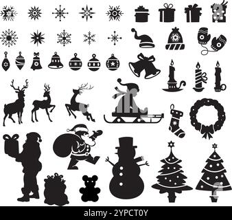 Elementi natalizi creano icone. Collezione natalizia di campane, babbo natale, cervi, schiaccianoci, biscotti, showman, snowstar, caramelle, calzino, albero, candela Illustrazione Vettoriale