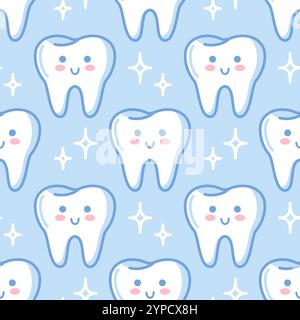 Motivo senza cuciture dei denti. Carini personaggi dei cartoni animati in stile kawaii. Organo sano, apparato digerente. Illustrazione vettoriale, stile piatto. Problemi di salute. Fil Illustrazione Vettoriale
