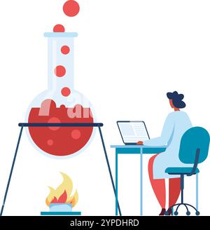 Scienziato che lavora su laptop analizzando i risultati della chimica sperimenta con il gorgoglio di liquido rosso nel matraccio sul fuoco, concetto di ricerca scientifica e scoperta Illustrazione Vettoriale