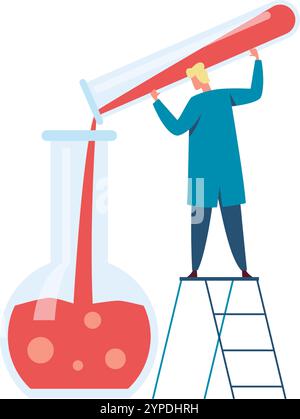 Scienziato che versa liquido rosso in un becher in un laboratorio affollato, mostrando precisione e concentrazione in un accattivante esperimento di chimica Illustrazione Vettoriale