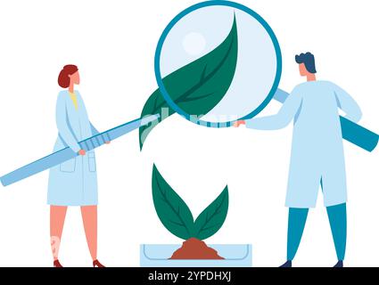 Due scienziati in camici da laboratorio esaminano un piccolo campione di piante con una lente d'ingrandimento e pinzette, mostrando ricerche in botanica o agricoltura Illustrazione Vettoriale