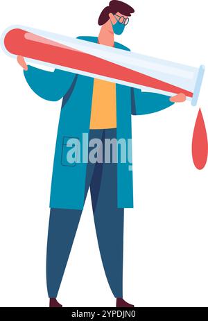 Lo scienziato che indossa una maschera facciale e occhiali sta versando con attenzione liquido rosso da una provetta di prova sovradimensionata, conducendo ricerche o esperimenti in un ambiente di laboratorio Illustrazione Vettoriale