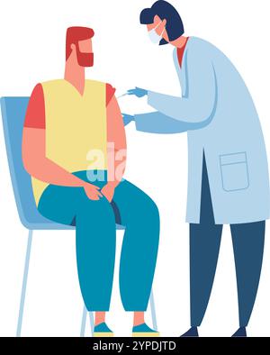 Medico che vaccina un paziente seduto su una sedia, mostrando assistenza sanitaria e prevenzione in azione. La scena sottolinea l'importanza dell'immunizzazione per la salvaguardia contro le malattie Illustrazione Vettoriale