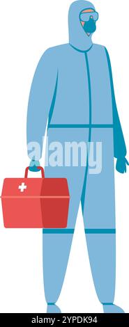 Il paramedico indossa i dispositivi di protezione individuale e tiene in mano un kit di pronto soccorso, fornendo servizi medici di emergenza in condizioni pericolose Illustrazione Vettoriale