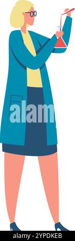 Scienziata donna che indossa un camice da laboratorio e occhiali versando con cura liquido rosso dalla provetta al becher, conducendo esperimenti in laboratorio Illustrazione Vettoriale