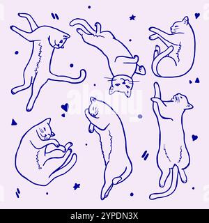 Sagome disegnate a mano di un gatto in pose diverse. Un simpatico set di schizzi di gatti rilassanti può essere stampato su vestiti o carta Illustrazione Vettoriale