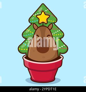 Carino cartoni animati Capybara e albero di natale. Illustrazione di natale vettoriale. Illustrazione Vettoriale
