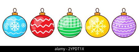 Set di giocattoli per l'albero di Natale. Sfere di vetro multicolore. Illustrazione vettoriale. Illustrazione Vettoriale