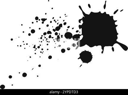 L'inchiostro nero schizza e gocciola su uno sfondo bianco pulito, creando un caos artistico con gocce di varie dimensioni e un grande blot di forma irregolare Illustrazione Vettoriale