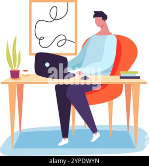 Giovane seduto alla scrivania con un computer portatile, che lavora in remoto dall'ufficio domestico, che si gode di uno spazio di lavoro confortevole e produttivo con una tazza di caffè e libri Illustrazione Vettoriale