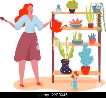 Giovane giardiniere che tiene in mano una cazzuola e annaffiatoio, si prende cura delle piante da interno posizionate su scaffali di legno, godendosi il suo hobby di giardinaggio domestico Illustrazione Vettoriale