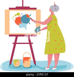Artista donna anziana che dipinge immagini astratte colorate su tela utilizzando pennello e tavolozza, godendosi l'hobby creativo a casa o in studio d'arte Illustrazione Vettoriale