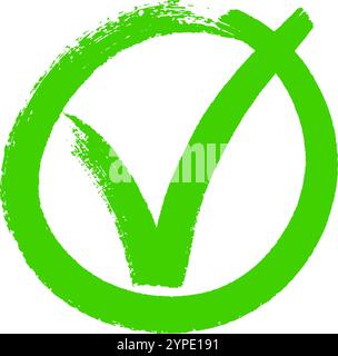 Il segno di spunta verde in un cerchio simboleggia l'approvazione e il successo, isolato sul bianco con una sensazione disegnata a mano. Perfetto per progetti di qualità e decisionali Illustrazione Vettoriale