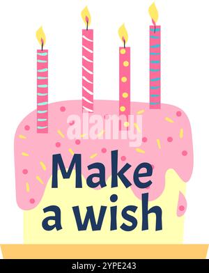 Candele colorate accese su una torta di compleanno rosa con spruzzette, perfette per festeggiamenti e gioia. Ideale per inviti, biglietti o qualsiasi design che necessiti di un fascino stravagante Illustrazione Vettoriale