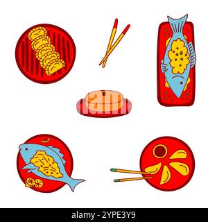 Cibo tradizionale cinese per il Capodanno. Pesce Yu, gnocchi Jau gok, Jiaozi, torta di riso Niangao. Illustrazione Vettoriale